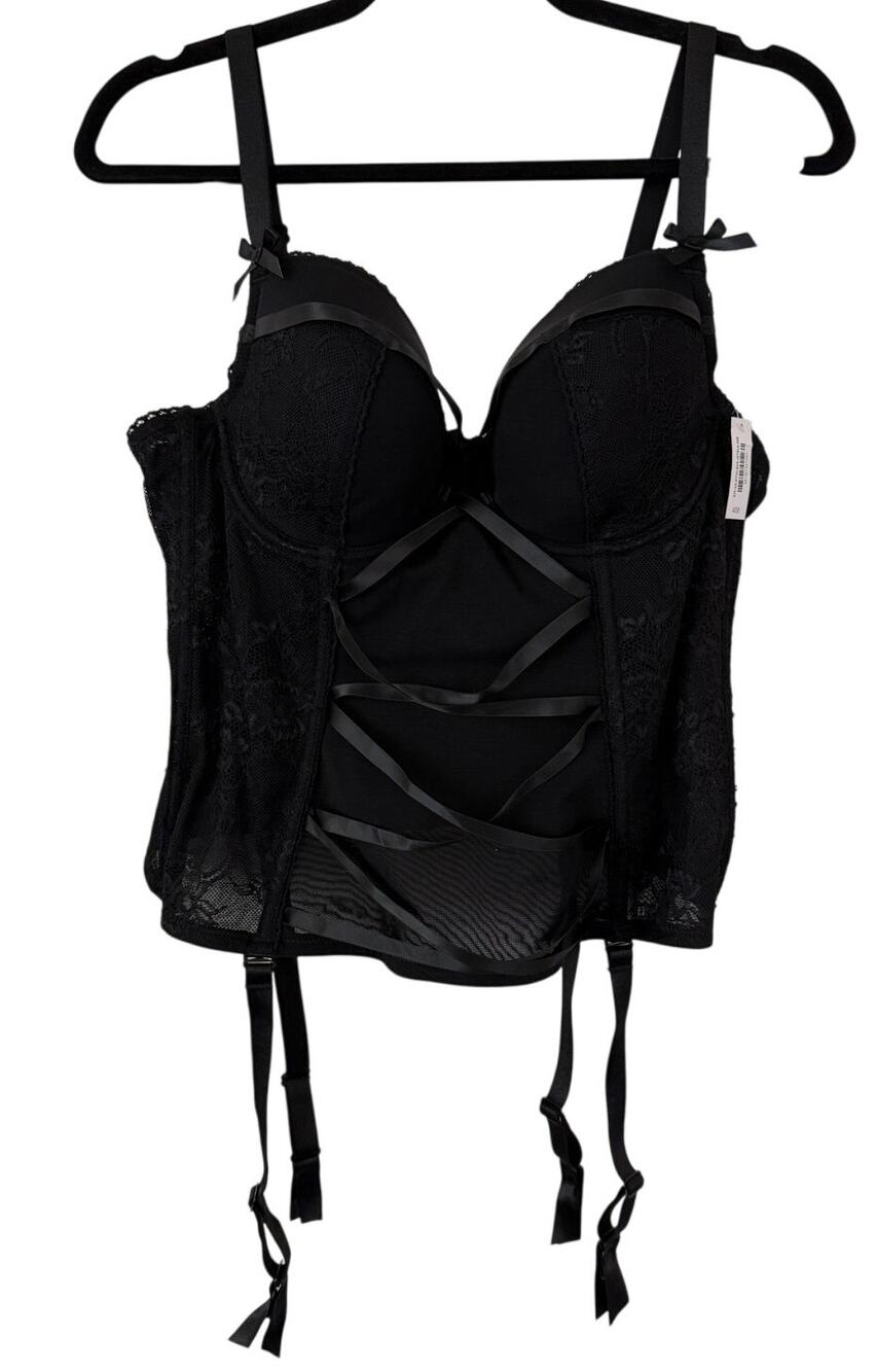 Adore Me Black Lace Bra Corset Adjustable Straps Closure Size 40B Mesh Sheer NEW